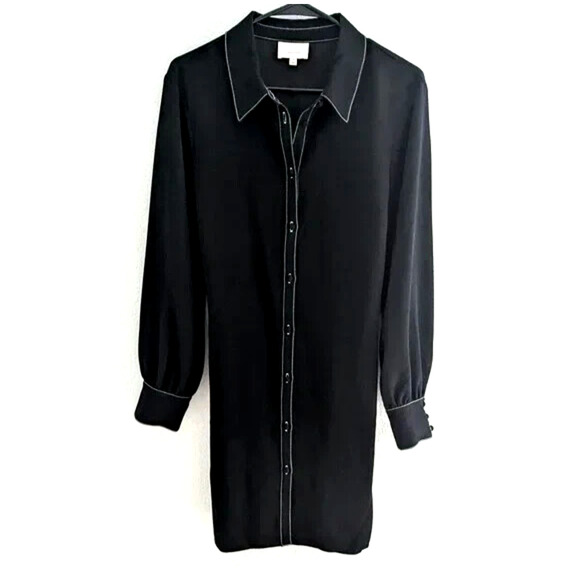 Cinq a Sept Gaby Tie Waist Topstitched Crepe Mini Dress Black Long Sleeve 0 - Picture 7 of 10